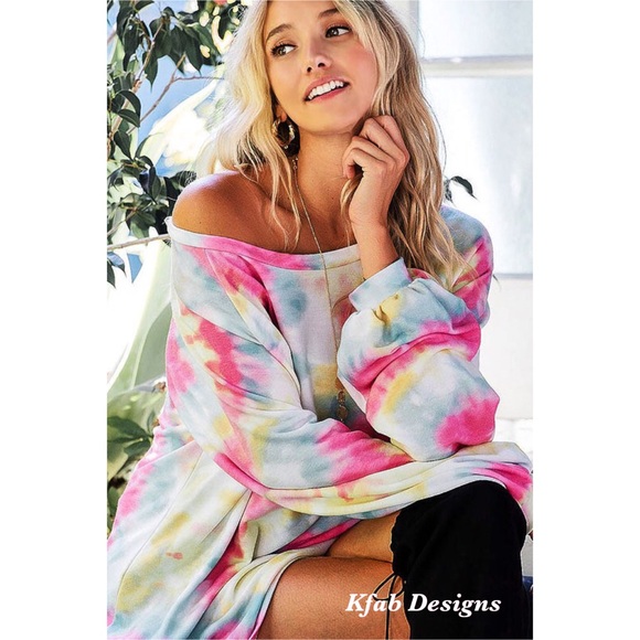 💖LAST 1 Pink French Terry Tie Dye Puff Sleeve Top - Picture 7 of 9